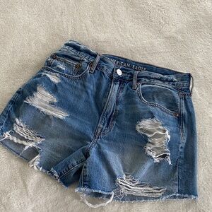 American Eagle Outfitters Ripped High-Rise Denim Shorts - Medium Blue